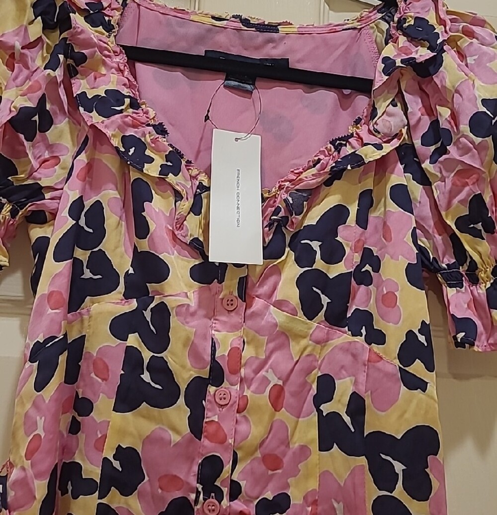 French Connection Pink Yellow Floral Ruffle Button-Front Dress - Picture 2 of 9